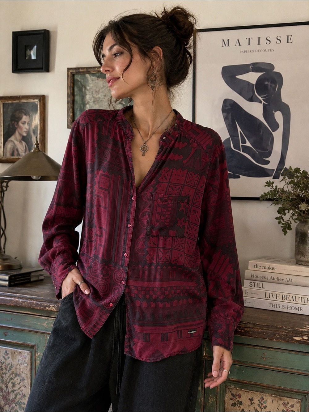 Desigual 100% Lyocell Burgundy Boho Patchwork Shirt Blouse Women Large Artsy